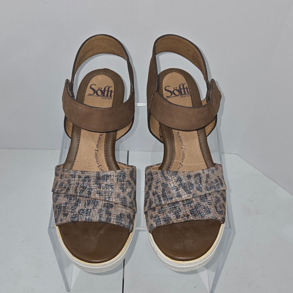 Sofft Womens Brown Leopard Print Leather Wedge Sandals SF0046806 Size 8M Boho - Picture 2 of 11